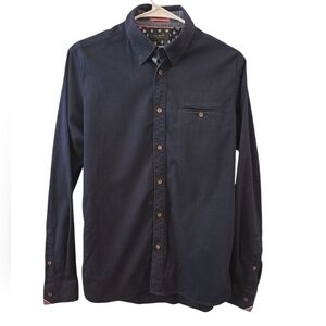 TED BAKER LONDON NAVY BLUE BUTTON DOWN SHIRT ACCENTED CUFFS. SIZE 3= SMALL.